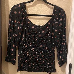 Macy's Black and Pink Ruched 3/4 Sleeve Blouse